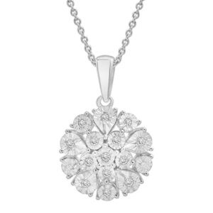 New Diamond Flower Burst Cluster Pendant Necklace 1/10 CT Sterling Silver 18”
